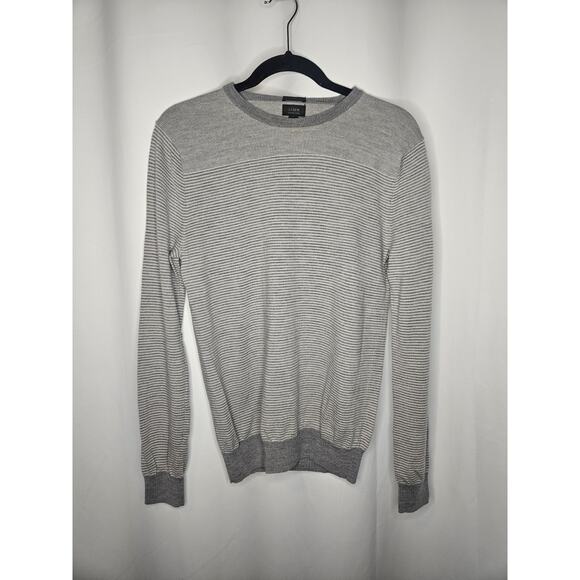 J Crew 100% Merino Wool Striped Grey Sweater Crew Neck Pullover Men's Medium - Picture 1 of 8